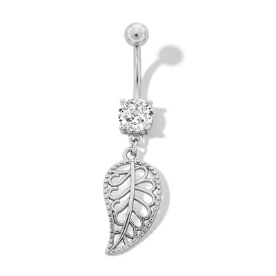 Stainless Steel CZ Leaf Dangle Belly Ring - 14G 7/16"