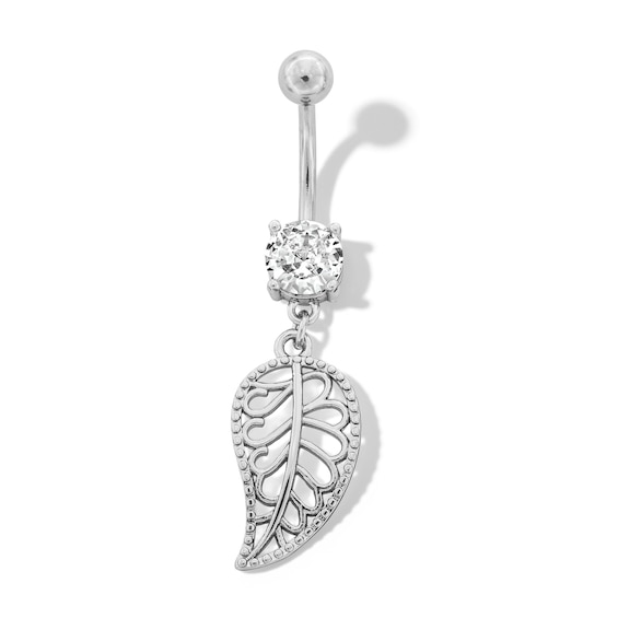 Stainless Steel CZ Leaf Dangle Belly Ring - 14G 7/16"