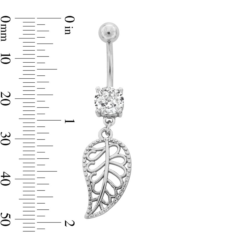 Stainless Steel CZ Leaf Dangle Belly Ring - 14G 7/16"