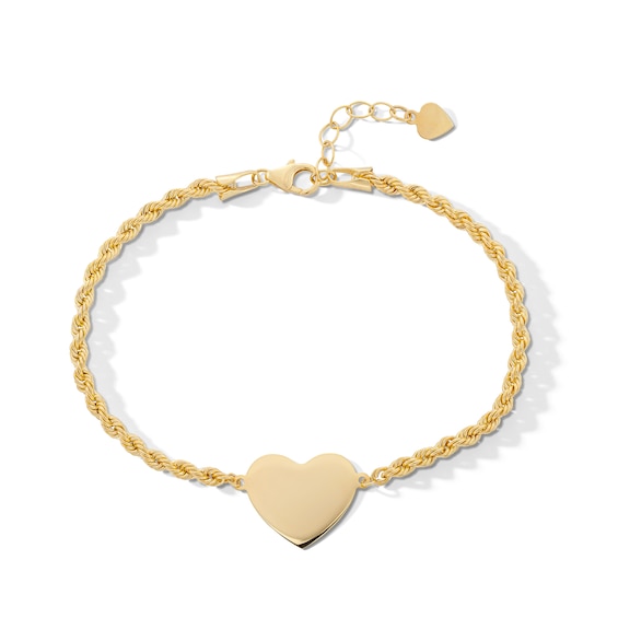 10K Hollow Gold Heart Rope Chain Bracelet - 7" + 1"
