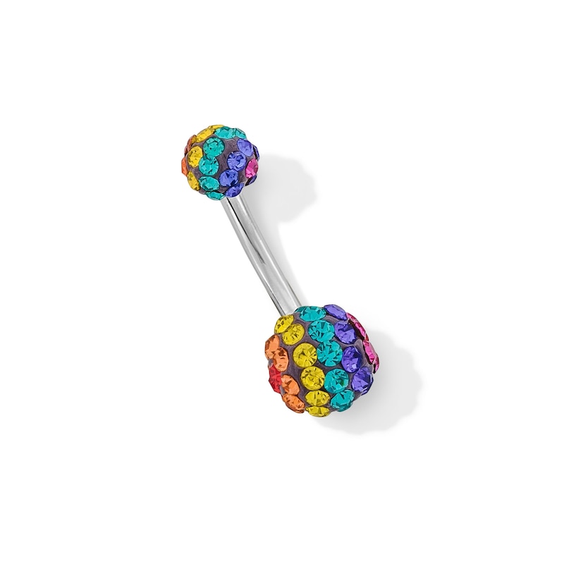 Stainless Steel Crystal Rainbow Double Ball Belly Ring - 14G 3/8"