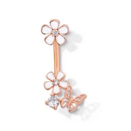 Rose Ion Plated CZ and Enamel Flower and Butterfly Belly Ring - 14G 7/16"