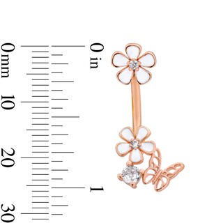 Rose Ion Plated CZ and Enamel Flower and Butterfly Belly Ring - 14G 7/16"