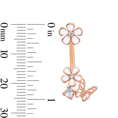 Rose Ion Plated CZ and Enamel Flower and Butterfly Belly Ring - 14G 7/16"