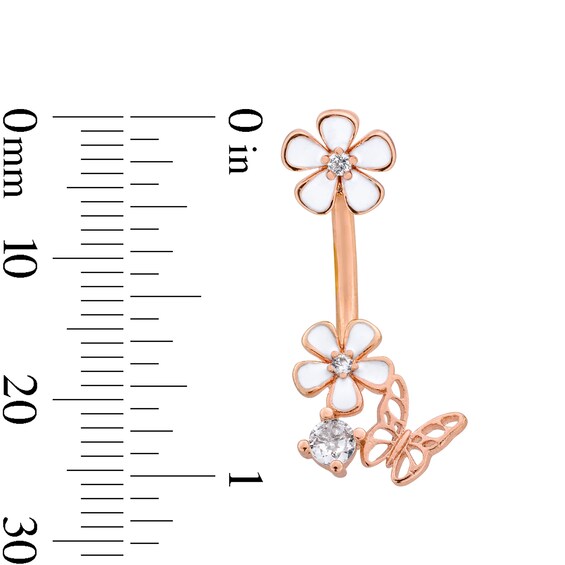 Rose Ion Plated CZ and Enamel Flower and Butterfly Belly Ring - 14G 7/16"