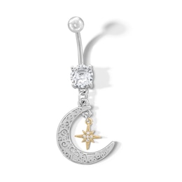 Yellow Ion Plated CZ Moon and Star Belly Button Ring - 14G 7/16"
