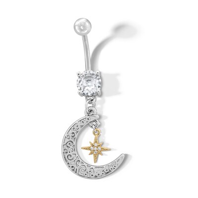 Yellow Ion Plated CZ Moon and Star Belly Button Ring - 14G 7/16"