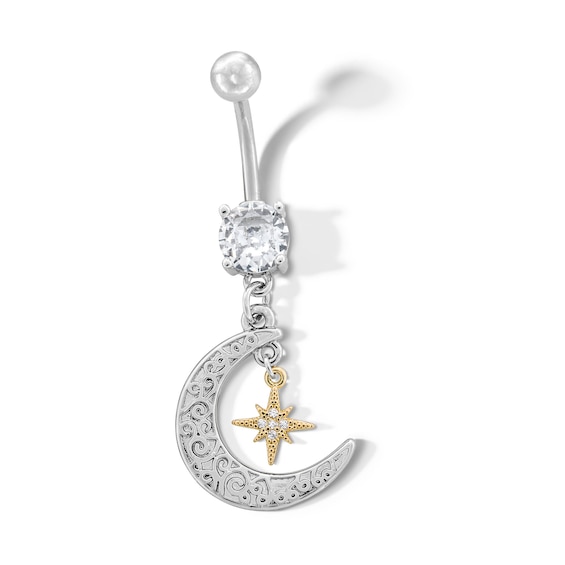 Yellow Ion Plated CZ Moon and Star Belly Button Ring - 14G 7/16"