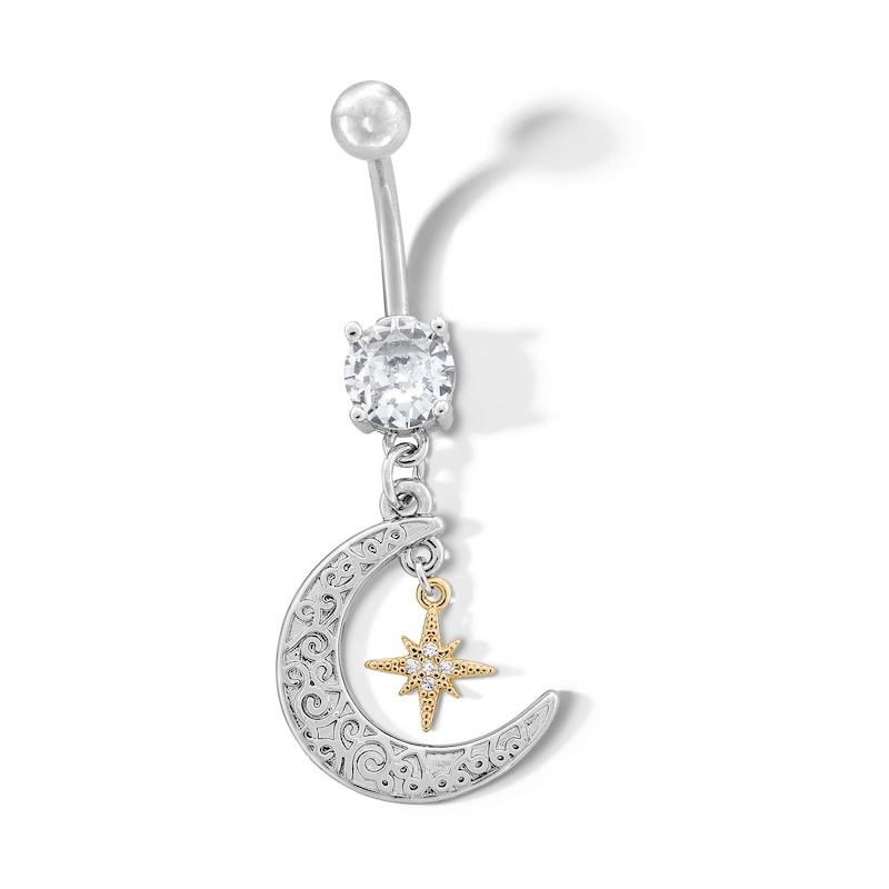 Yellow Ion Plated CZ Moon and Star Belly Button Ring - 14G 7/16"