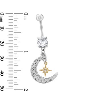 Yellow Ion Plated CZ Moon and Star Belly Button Ring - 14G 7/16"