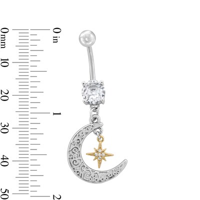 Yellow Ion Plated CZ Moon and Star Belly Button Ring - 14G 7/16"
