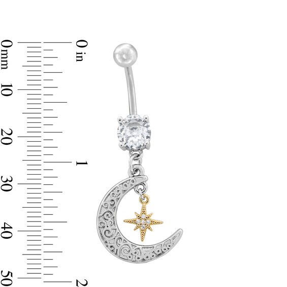 Yellow Ion Plated CZ Moon and Star Belly Button Ring - 14G 7/16"