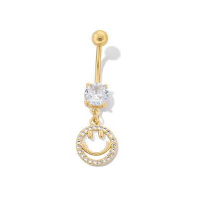 Yellow Ion Plated CZ Smiley Dangle Belly Ring - 14G 7/16"