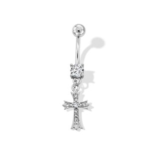 Stainless Steel CZ Cross Dangle Belly Ring - 14G 7/16"