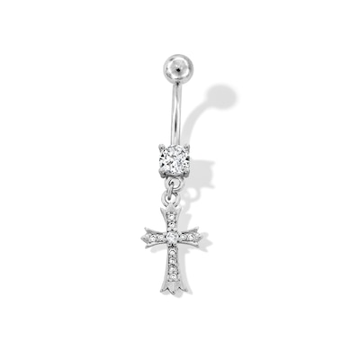 Stainless Steel CZ Cross Dangle Belly Ring - 14G 7/16"