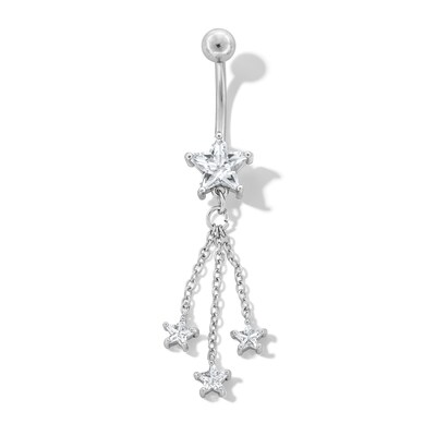 Stainless Steel CZ Star Chains Dangle Belly Ring - 14G 7/16"