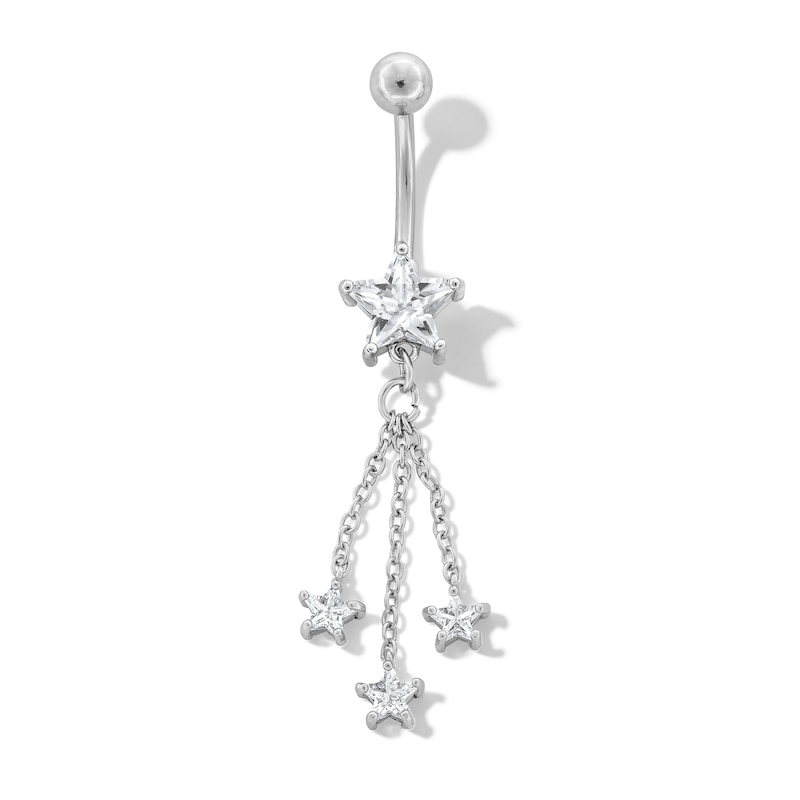 Stainless Steel CZ Star Chains Dangle Belly Ring - 14G 7/16"