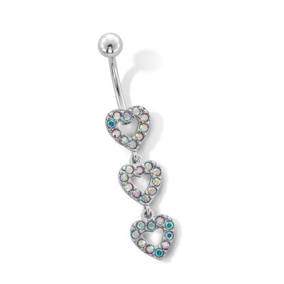 Stainless Steel Iridescent CZ Triple Heart Belly  Ring - 14G 7/16"