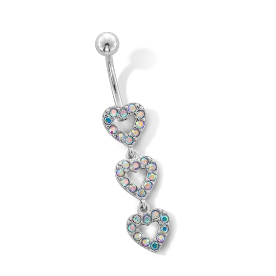 Stainless Steel Iridescent CZ Triple Heart Belly  Ring - 14G 7/16"