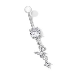 Stainless Steel CZ Heart And Butterfly Belly Ring - 14G 7/16"