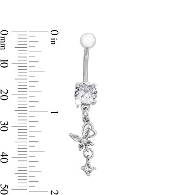 Stainless Steel CZ Heart And Butterfly Belly Ring - 14G 7/16"