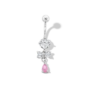 Stainless Steel Pink CZ Pear Dangle Belly Ring - 14G 7/16"