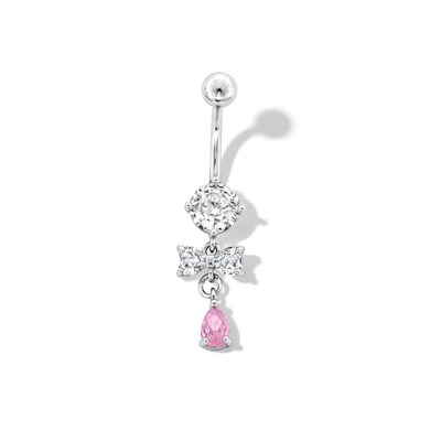 Stainless Steel Pink CZ Pear Dangle Belly Ring - 14G 7/16"