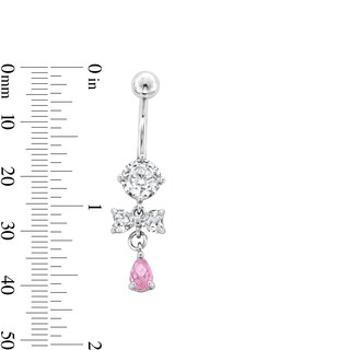 Stainless Steel Pink CZ Pear Dangle Belly Ring - 14G 7/16"