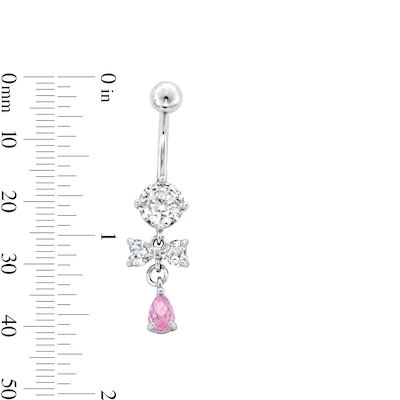 Stainless Steel Pink CZ Pear Dangle Belly Ring - 14G 7/16"