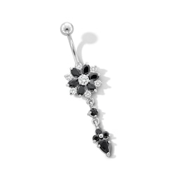 Stainless Steel Black CZ Flower Dangle Belly Ring - 14G 7/16"