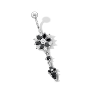Stainless Steel Black CZ Flower Dangle Belly Ring - 14G 7/16"