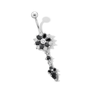 Stainless Steel Black CZ Flower Dangle Belly Ring - 14G 7/16"
