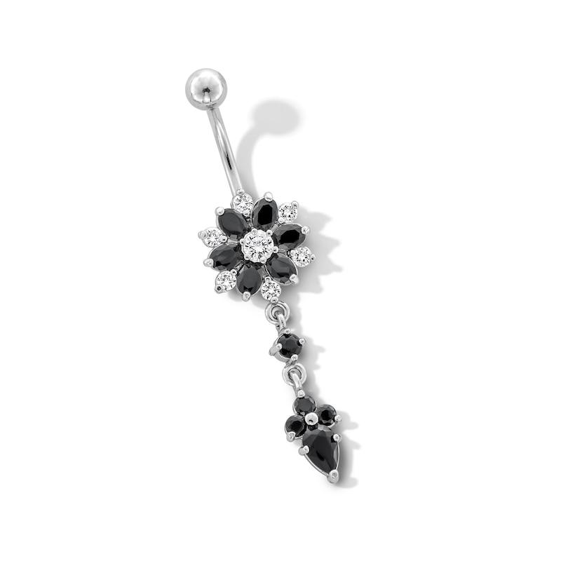 Stainless Steel Black CZ Flower Dangle Belly Ring - 14G 7/16"