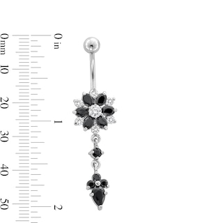 Stainless Steel Black CZ Flower Dangle Belly Ring - 14G 7/16"