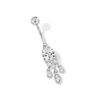 Stainless Steel CZ Oval Dangle Belly Ring - 14G 7/16"