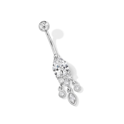 Stainless Steel CZ Oval Dangle Belly Ring - 14G 7/16"