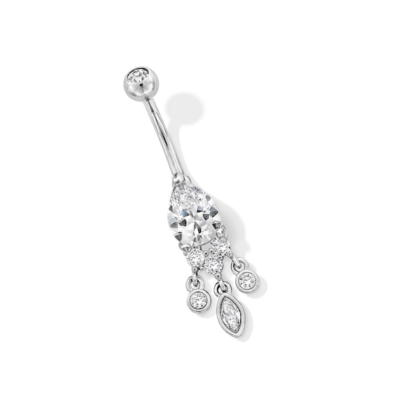 Stainless Steel CZ Oval Dangle Belly Ring - 14G 7/16"
