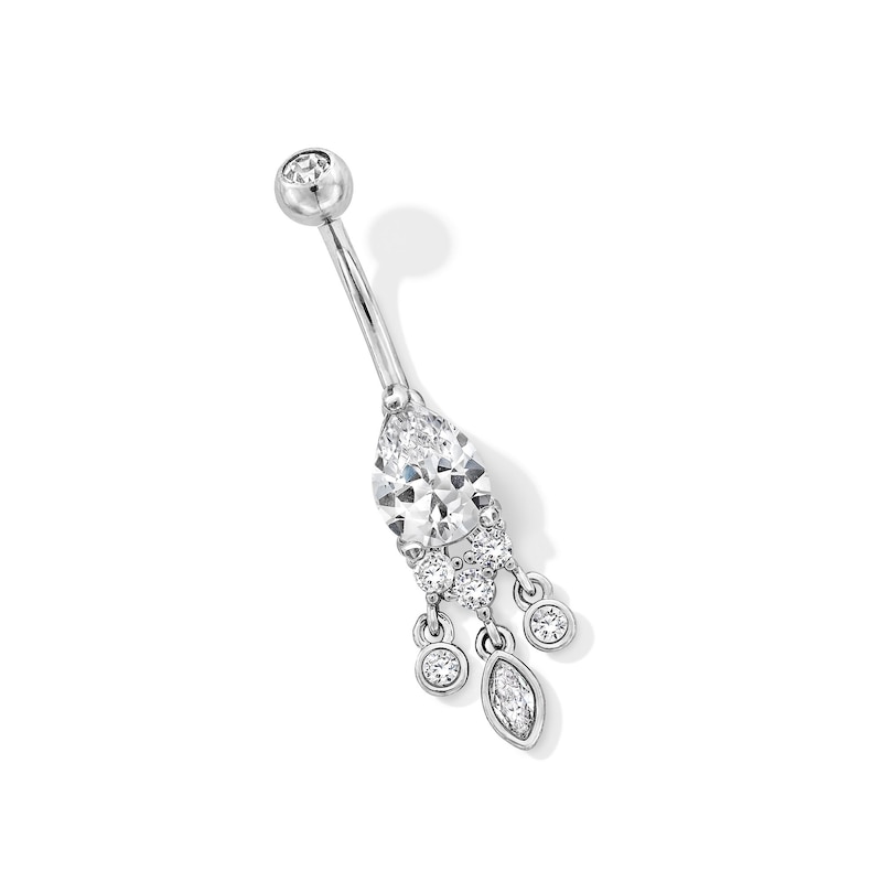 Stainless Steel CZ Oval Dangle Belly Ring - 14G 7/16"