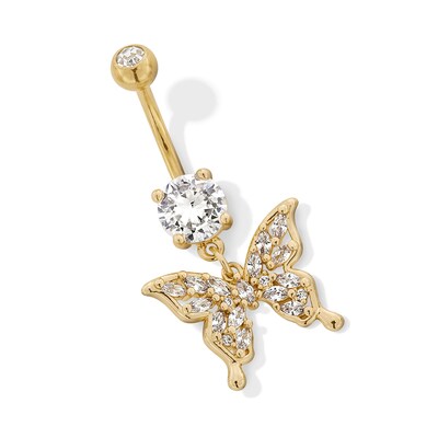 Solid Yellow Ion-Plated Stainless Steel CZ and Crystal Butterfly Dangle Belly Ring - 14G 3/8"