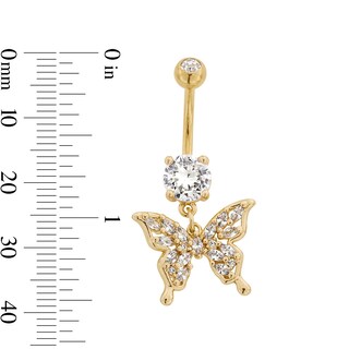 Solid Yellow Ion-Plated Stainless Steel CZ and Crystal Butterfly Dangle Belly Ring - 14G 3/8"