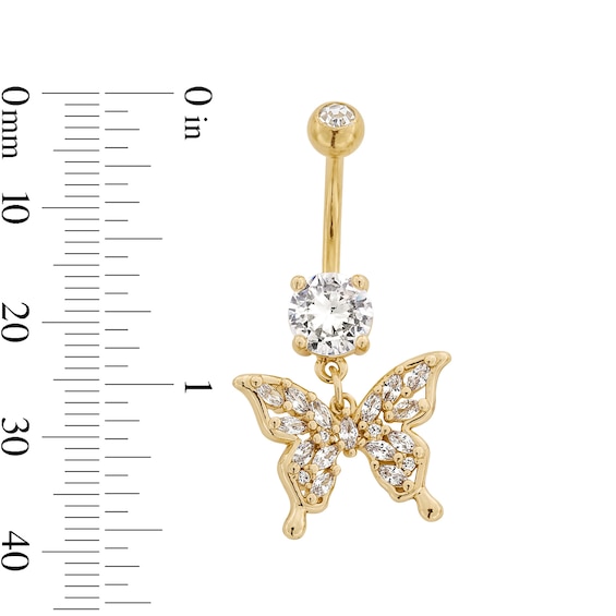 Solid Yellow Ion-Plated Stainless Steel CZ and Crystal Butterfly Dangle Belly Ring - 14G 3/8"