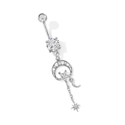 Solid Stainless Steel CZ and Crystal Celestial Dangle Belly Ring - 14G 3/8"