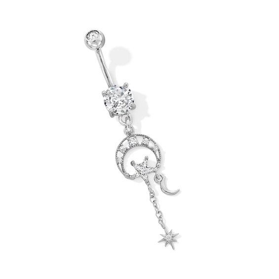 Stainless Steel CZ Celestial Dangle Belly Ring - 14G 3/8"