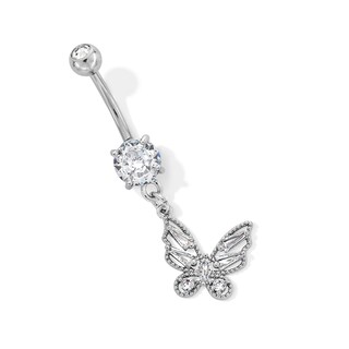 Solid Stainless Steel CZ and Crystal Butterfly Dangle Belly Ring