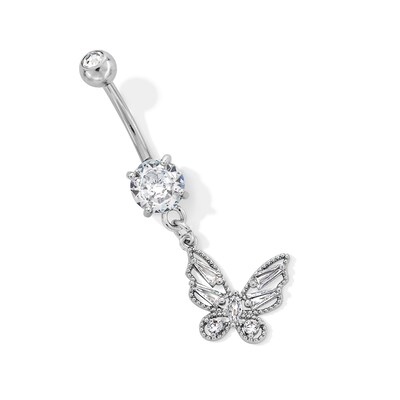 Solid Stainless Steel CZ and Crystal Butterfly Dangle Belly Ring