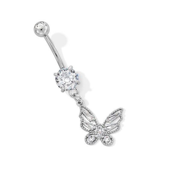 Solid Stainless Steel CZ and Crystal Butterfly Dangle Belly Ring