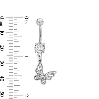 Solid Stainless Steel CZ and Crystal Butterfly Dangle Belly Ring