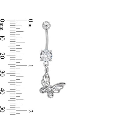 Solid Stainless Steel CZ and Crystal Butterfly Dangle Belly Ring