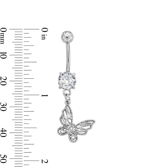 Solid Stainless Steel CZ and Crystal Butterfly Dangle Belly Ring