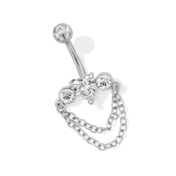 Stainless Steel CZ Bezel Heart Chain Dangle Belly Ring - 14G 3/8" 